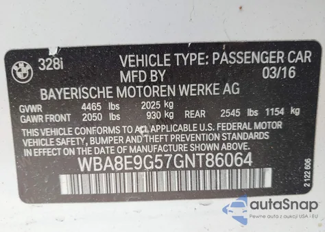 2016 BMW 328I из США, поврежденный, VIN WBA8E9G57GNT86064